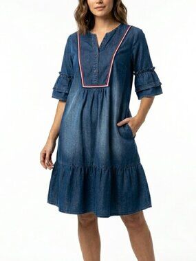 Nautical Americana Denim Red White Blue Trim Shift Dress with Pockets Sz Large